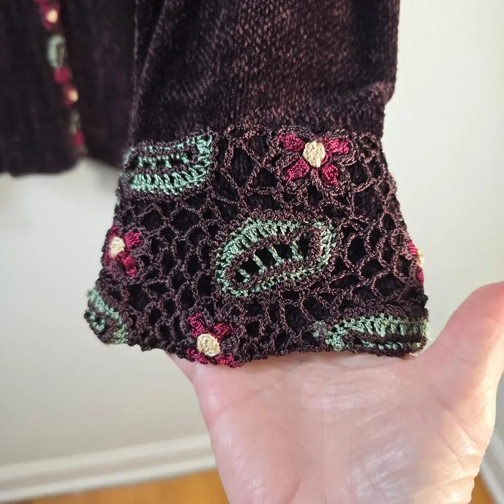 Storybook Knits Sweater Women's 1X Brown Chenille Green Red Floral Crochet